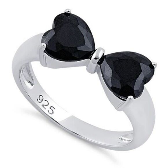 Sterling Silver Bow Heart Cut Black Onyx  Ring Womens Statement Jewelry New - Picture 1 of 4